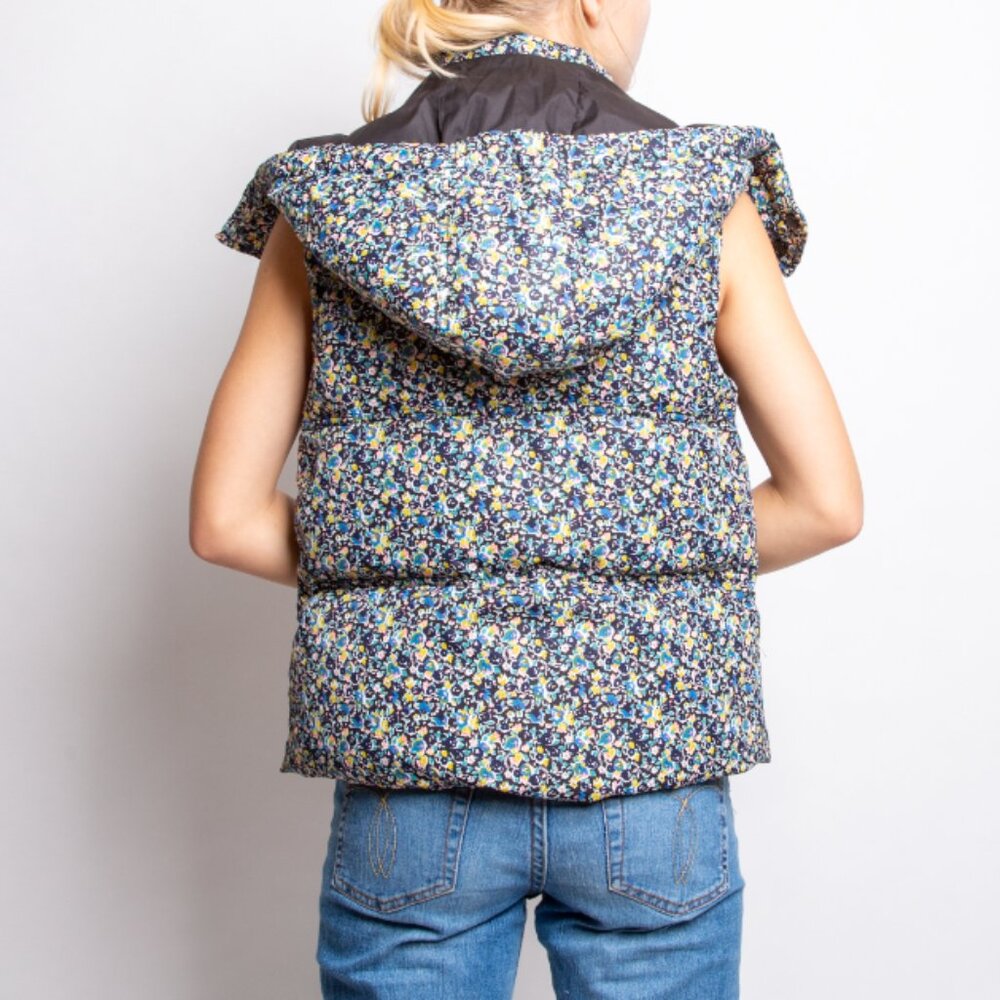 KOOKAI French PUFFER VEST Blue White Yellow Floral Front Zip Women's S size